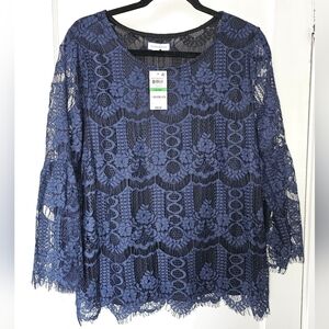 NWT Charter Club navy blue Lace Blouse XL